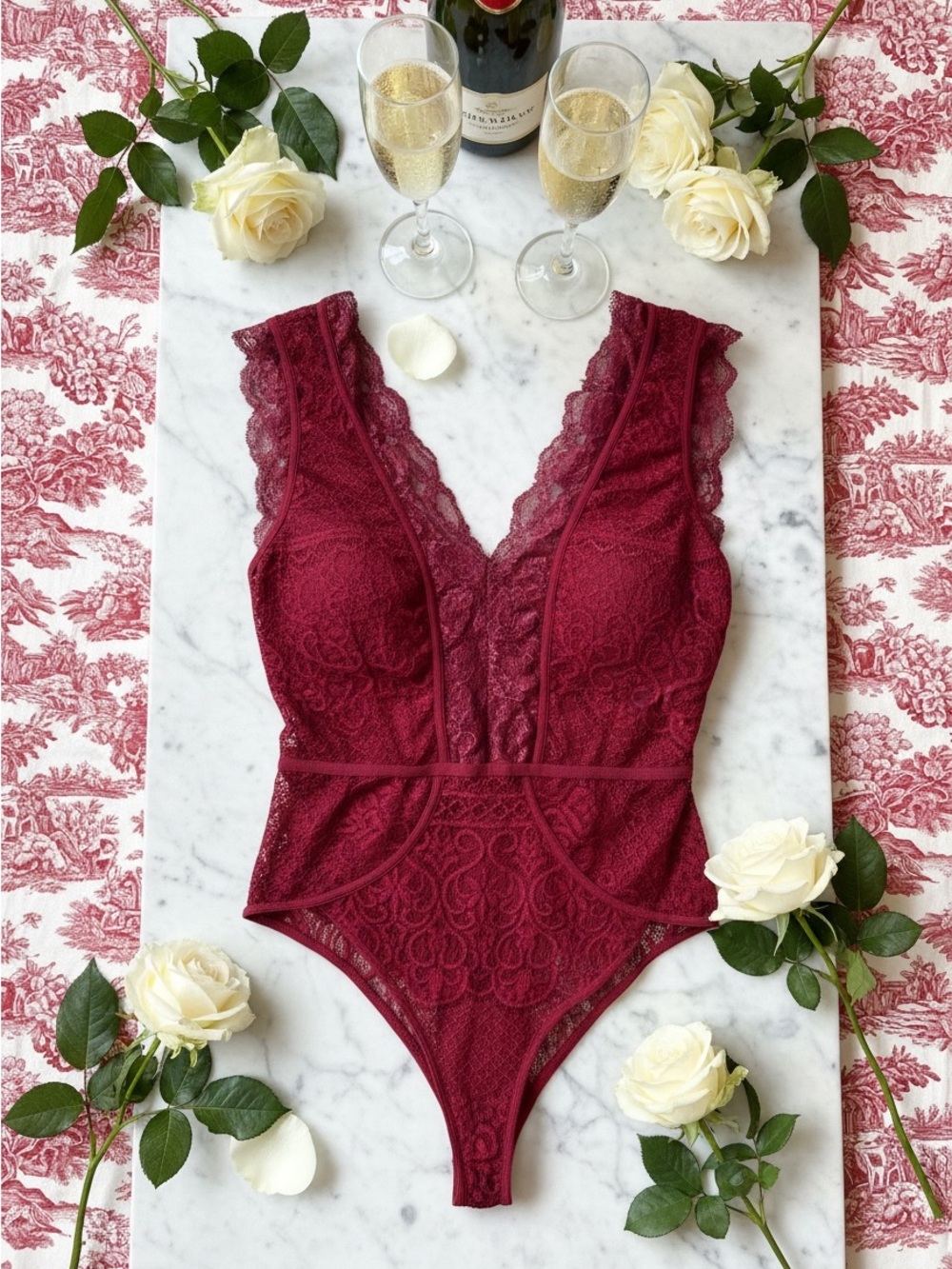 Burgundy Lace Plunge V-Neck Teddy Bodysuit